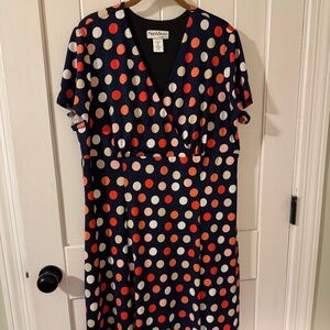 North Style Dress Womens Plus XL Blue Polka Dot Short Sleeve Stretch V Neck